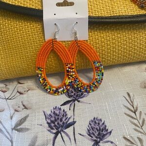 Orange Beaded Hoop Earrings with Intricate Bohemian Design